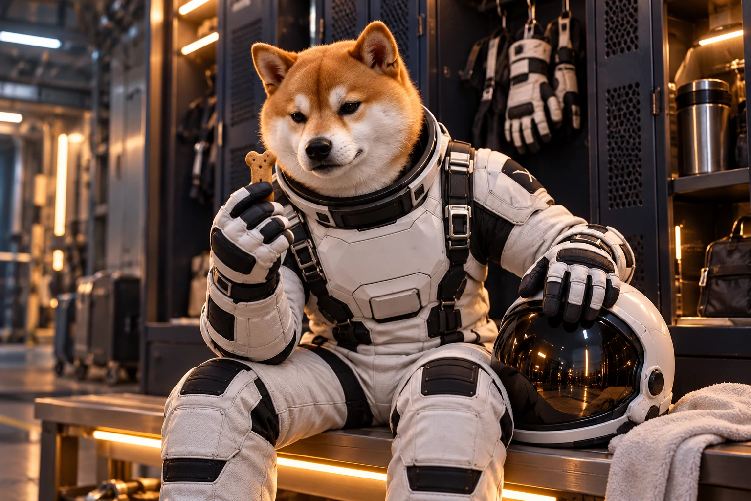 The astronaut sits in the equipment room, studying a bone-shaped biscuit while resting a glove on his helmet.