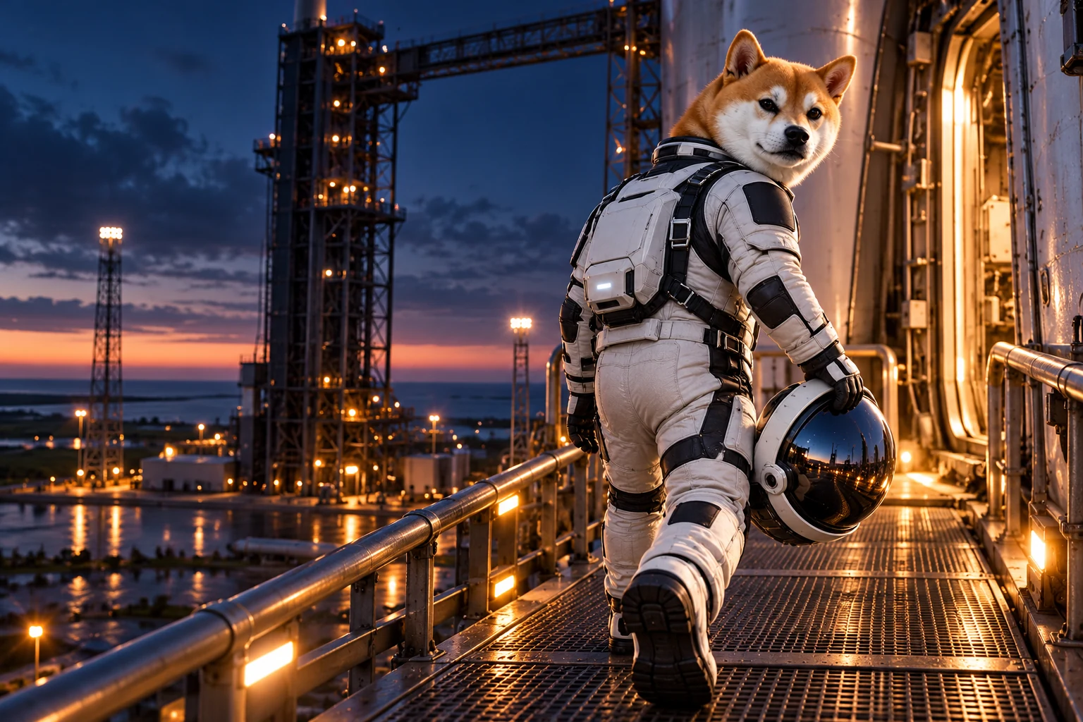 The Shiba astronaut looks back while carrying his helmet toward a glowing spacecraft hatch.