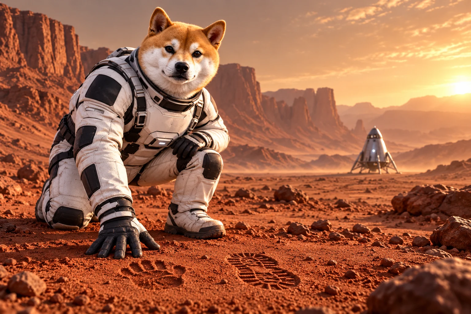 Kneeling on Mars, the astronaut presses a gloved hand into red soil beside a boot print.