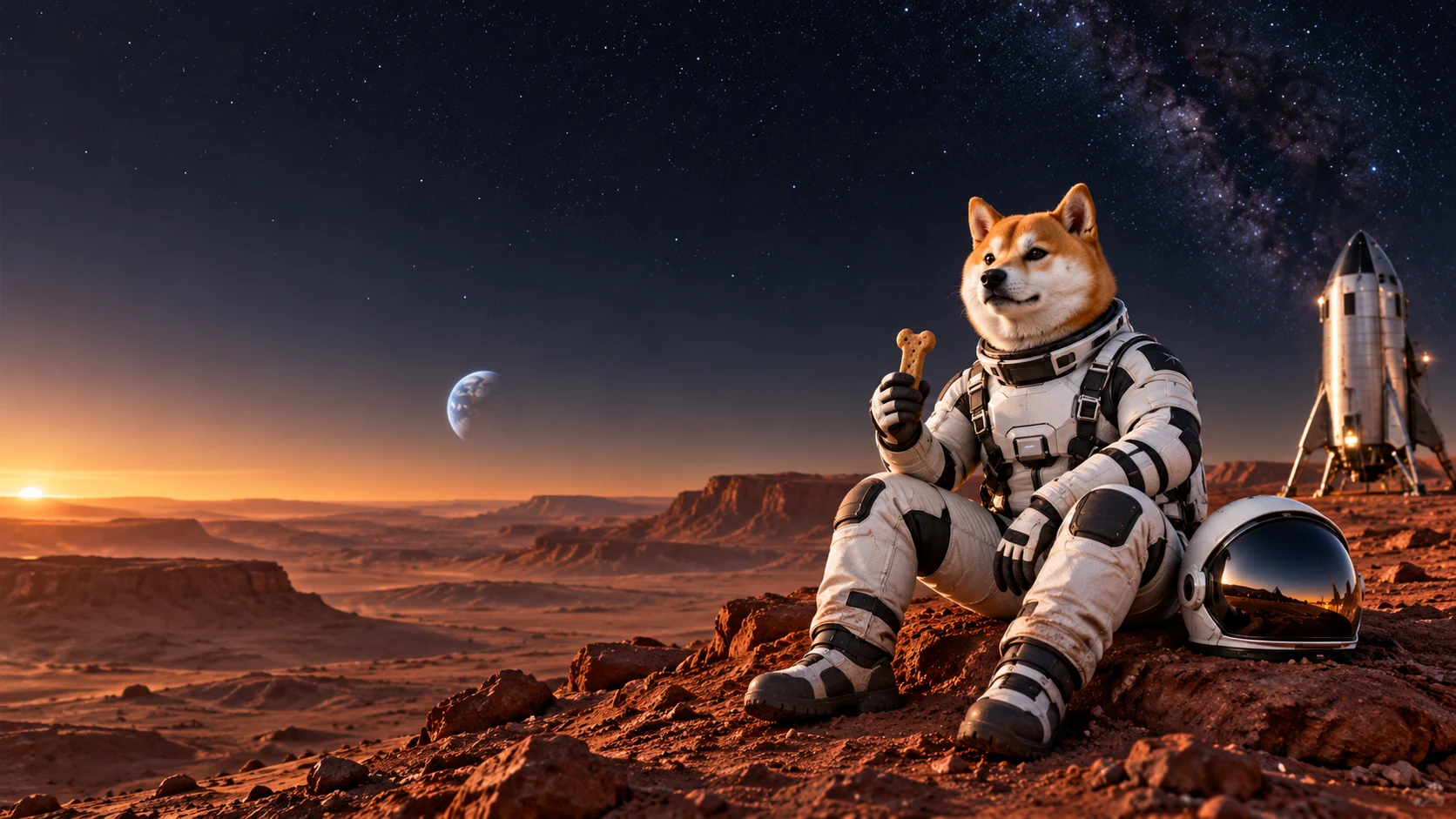The astronaut enjoys a biscuit on a Martian rock, with his helmet beside him and a distant blue planet in the sky.
