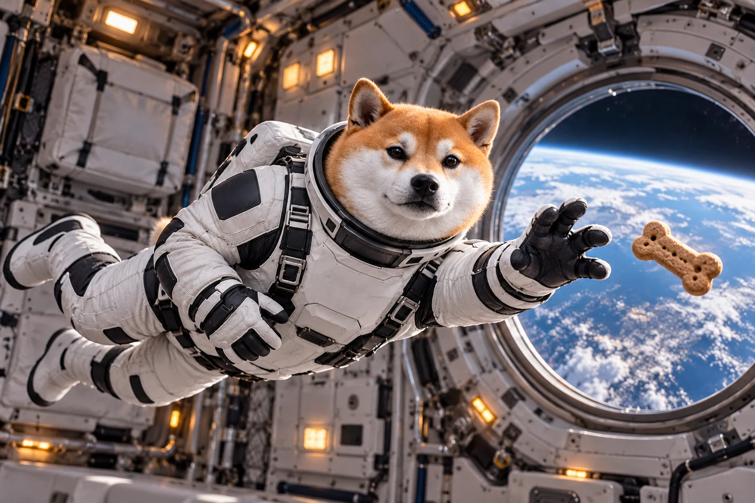 The Shiba floats across a spacecraft cabin, reaching for a biscuit in front of an Earth-facing porthole.